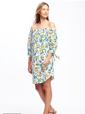 Old Navy White Off-Shoulder Floral Dress with Yellow, Green & Blue Print